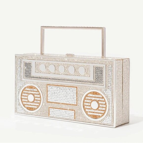 Rhinestone Boombox Radio Handbag  (Crossbody Option) (White)